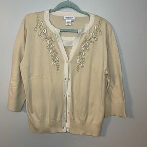 Coldwater‎ Creek Cardigan Sweater Set Women L Beige Embroidered Floral